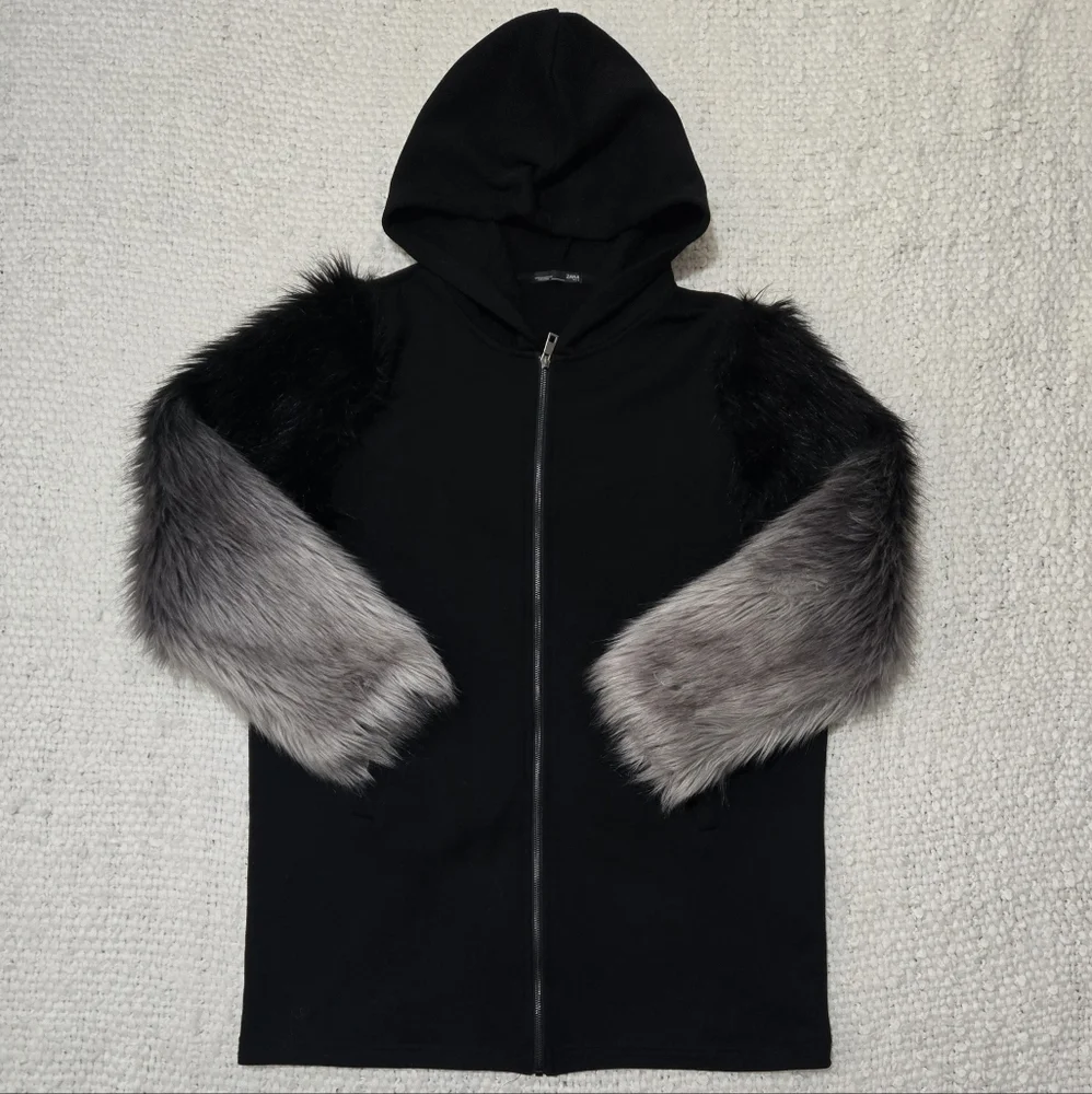 ZARA Black Zippered Hoodie Sweater Black Gray Ombre Faux Fur Sleeves Medium - Picture 8 of 15